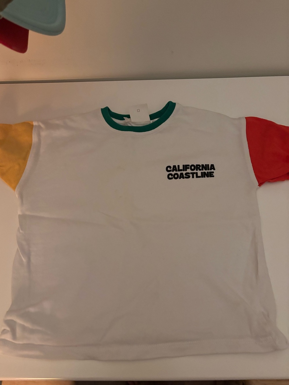 Zara White T‑Shirt with Green Neckline and Red & Yellow Sleeves